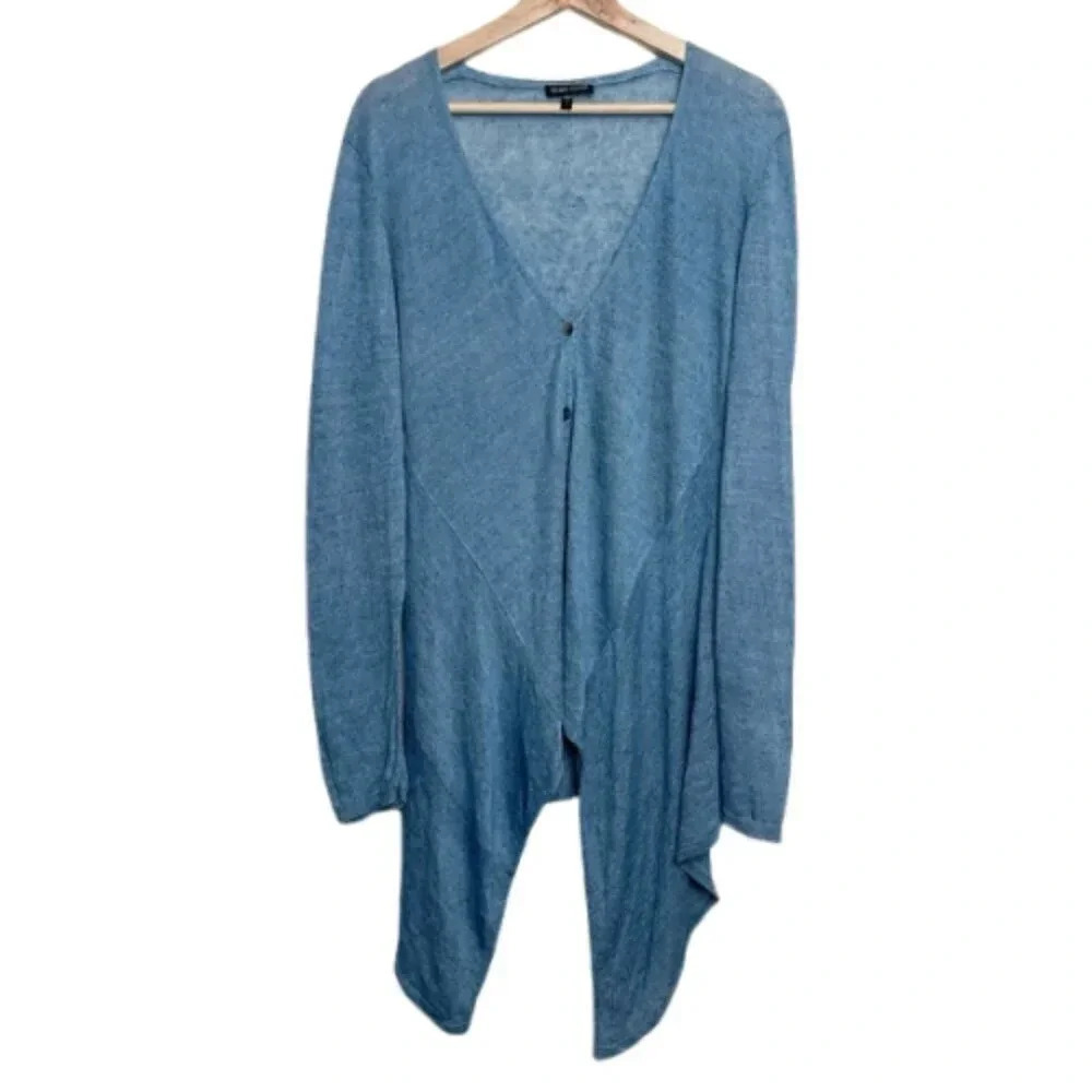 Eileen Fisher Womens Size Small Linen Blue Button Asymmetrical Cardigan